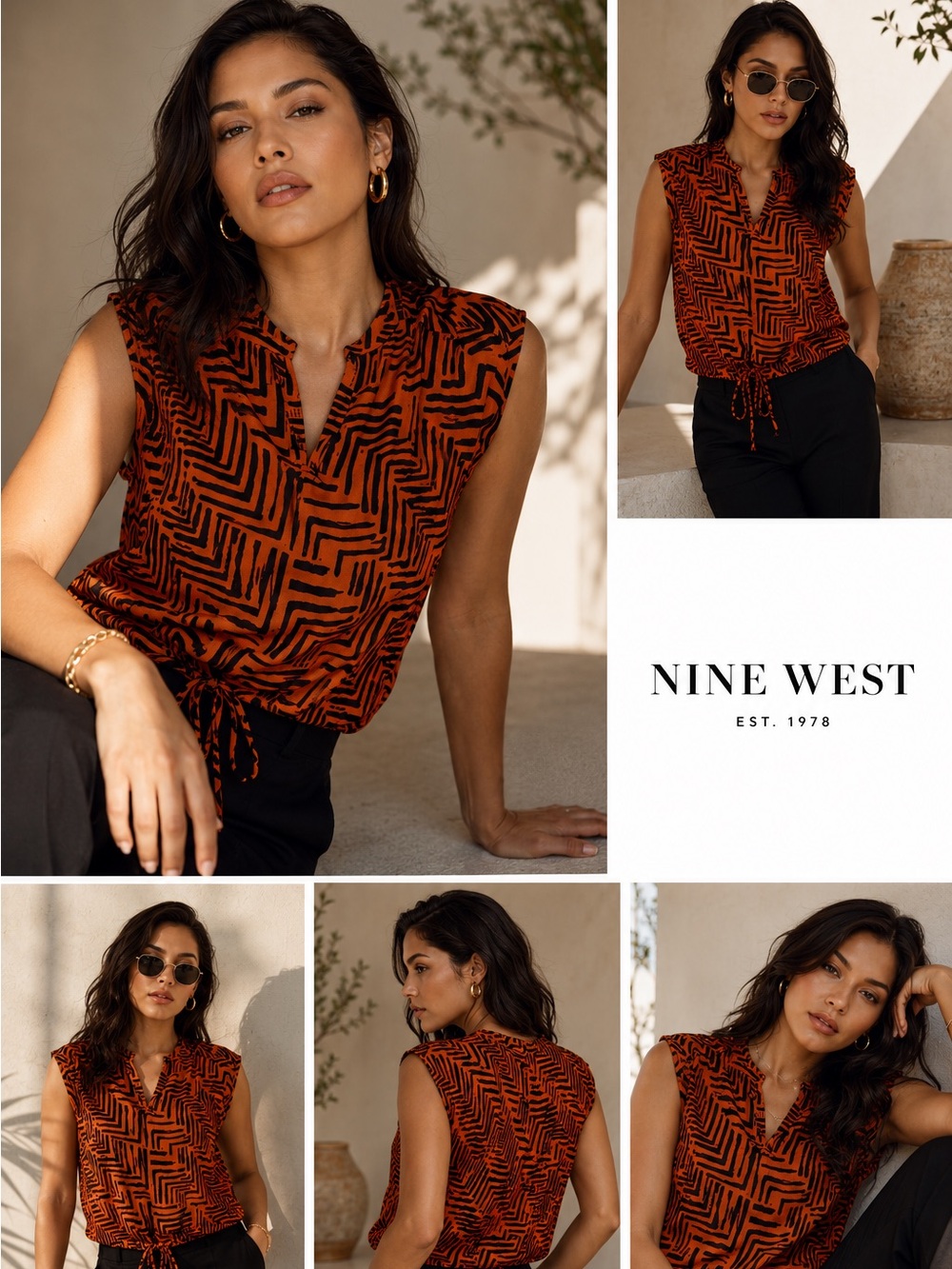 Nine West Geometric Patterned Orange Women's Top - Picture 1 of 10